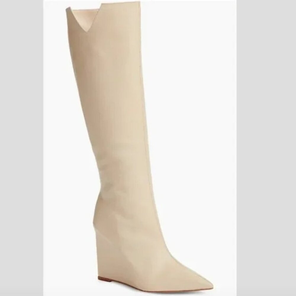 SCHUTZ  Beige Asya Up Cut Wedge Pointed Toe Knee High Boots SZ 7.5 NEW